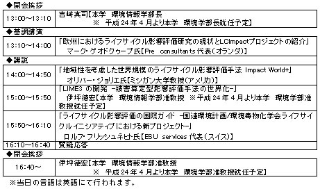 東京都市大学では、2012年11月23日（火)13時より、慶應義塾大学日吉キャンパスにて、ライフサイクル影響評価に関する国際シンポジウムを開催します