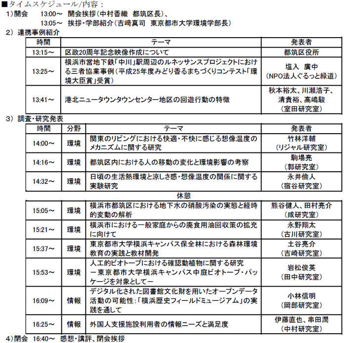 東京都市大学（環境学部・メディア情報学部）・横浜市都筑区　都筑区制20周年記念「地域連携調査研究発表会」～大学と行政がともに都筑を考える～